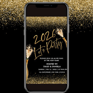 Convite de Ano Novo Preto Dourado 2026 Vamos Feste