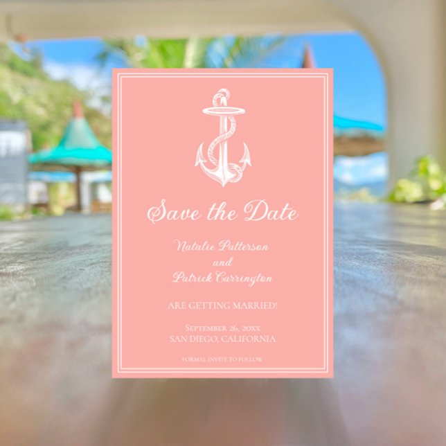 Convite de Anúncio de Data de Coral com Âncora Náu (Coral Nautical Anchor Save the Date)