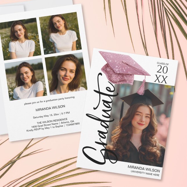 Convite de Anúncio de Festa de Formatura com Foto  (Unique Rose Gold Glitter Grad Hat Photo Graduation Party Invite Announcement)