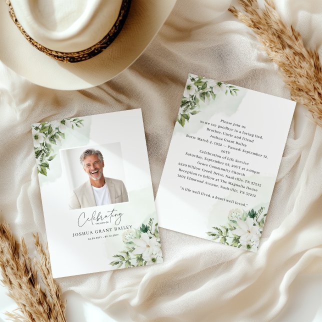 Convite de Anúncio de Funeral Floral Branco de Ver (Criador carregado)