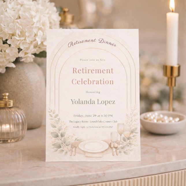 Convite de Aposentadoria Arco Bege (Blush arch with soft botanicals for a refined retirement dinner gathering)