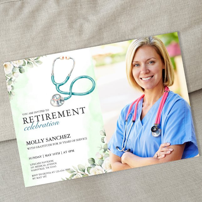 Convite de Aposentadoria de Médico Enfermeiro com  (Photo Floral Stethoscope Doctor Nurse Retirement Invitation)