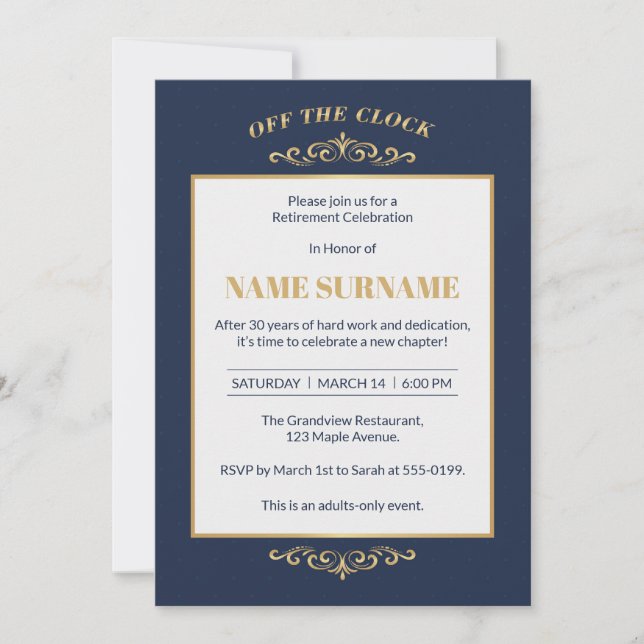 Convite de Aposentadoria Elegante Navy Dourado (Frente)