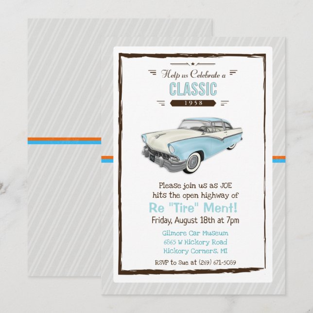 Convite de Aposentadoria Retro Carro Clássico (Frente/Verso)