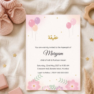 Convite de Aqeeqah para Bebê Menina com Floral Ros