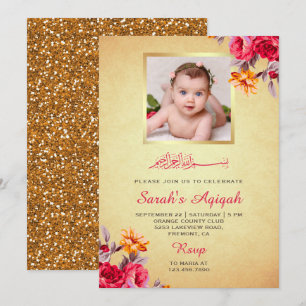 Convite de Aqiqah Bebê Menina Floral Brilho Dourad