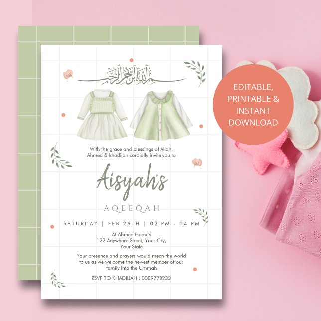 Convite de Aqiqah Elegante Verde Sage Roupa de Beb (Criador carregado)