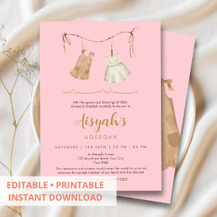 Convite de Aqiqah Rosa e Dourado Elegante para Beb