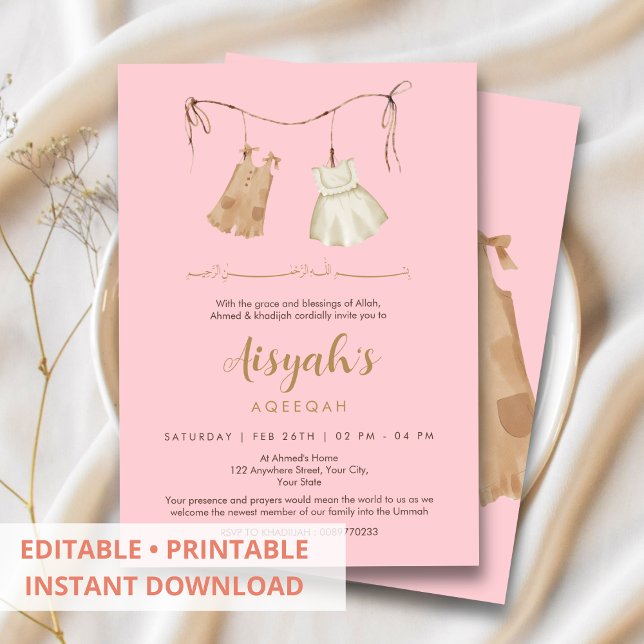 Convite de Aqiqah Rosa e Dourado Elegante para Beb (Criador carregado)