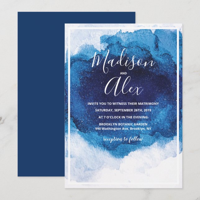 Convite de Aquarela Azul de Casamento (Frente/Verso)