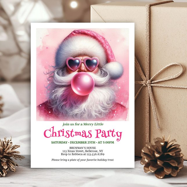 Convite de aquarela cor-de-rosa adorável do Papai  (Lovely pink santa chewing gum watercolor invite card)