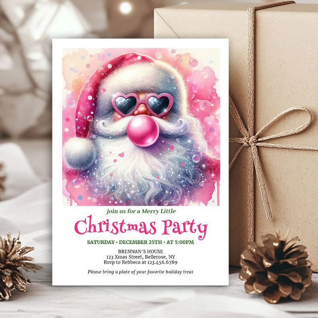 Convite de aquarela de Papai Noel chiclete rosa br (Bright pink santa chewing gum watercolor invite card)