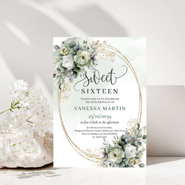 Convite de Aquarela Sweet 16 Botânico em Verde Emp (Dusty Green Botanical Sweet 16 Watercolor Invitation)