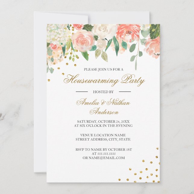 Convite de Aquecimento Floral em Aquarela Peach Go (Frente)