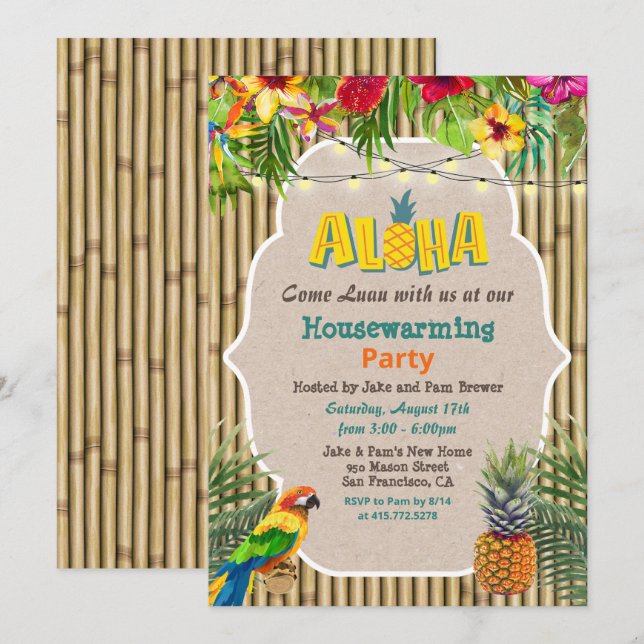 Convite de Aquecimento Tropical Aloha Luau (Frente/Verso)