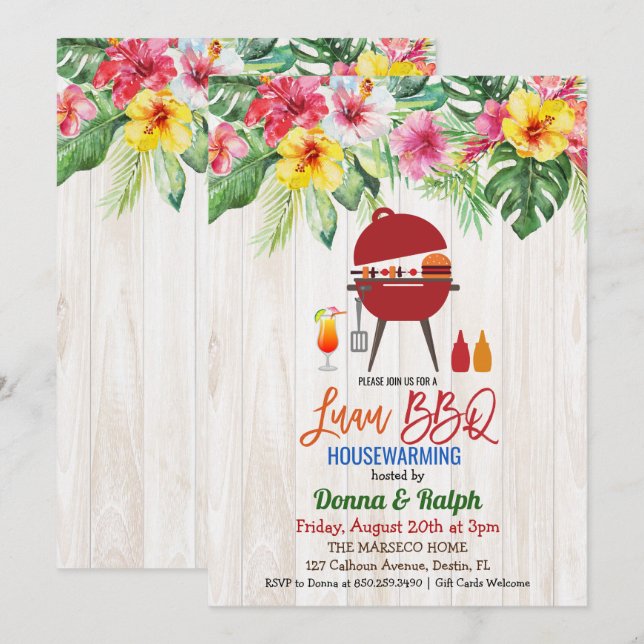 Convite de Aquecimento Tropical Luau Aloha BBQ (Frente/Verso)