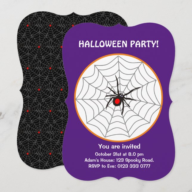 Convite de Aranha Viúva Negra de Halloween em Roxo (Frente/Verso)