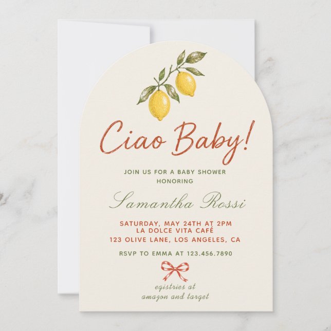 Convite de Arco para Chá de Bebê Ciao Baby Italian (Frente)