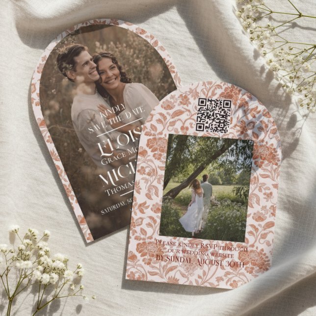 Convite de Arquivo Fotográfico Floral Toile Save t (Formally invite guests to your big day with this Arch Photo Floral Toile Script Save the Date!)