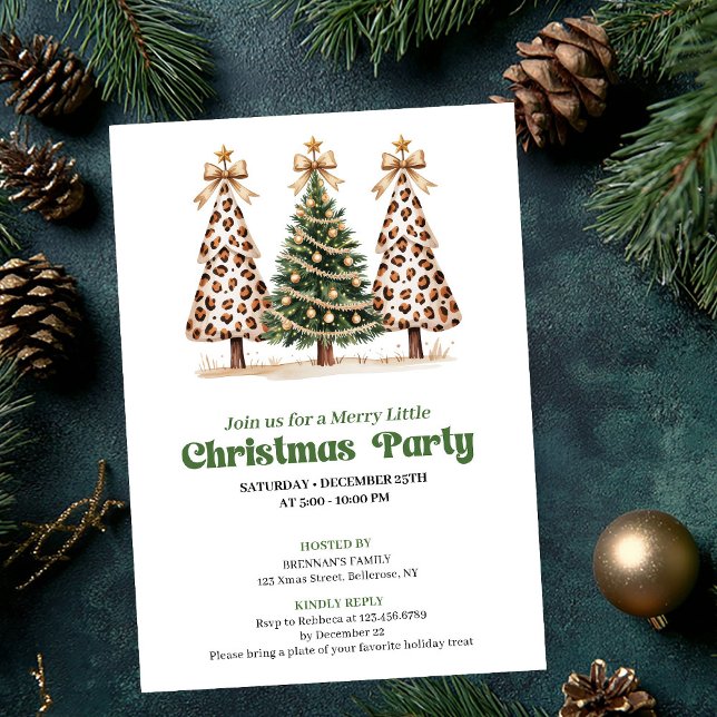 Convite de árvore de Natal com leopardo em ouro ve (Artistic green gold leopard Christmas tree invite)