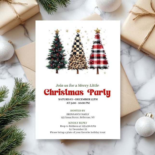 Convite de árvore de Natal dourada e leopardo capr (Whimsical leopard and gold Christmas tree invitation)