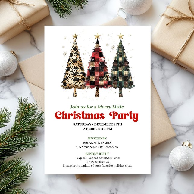 Convite de árvore de Natal xadrez e leopardo capri (Whimsical leopard and plaid Christmas tree invite)