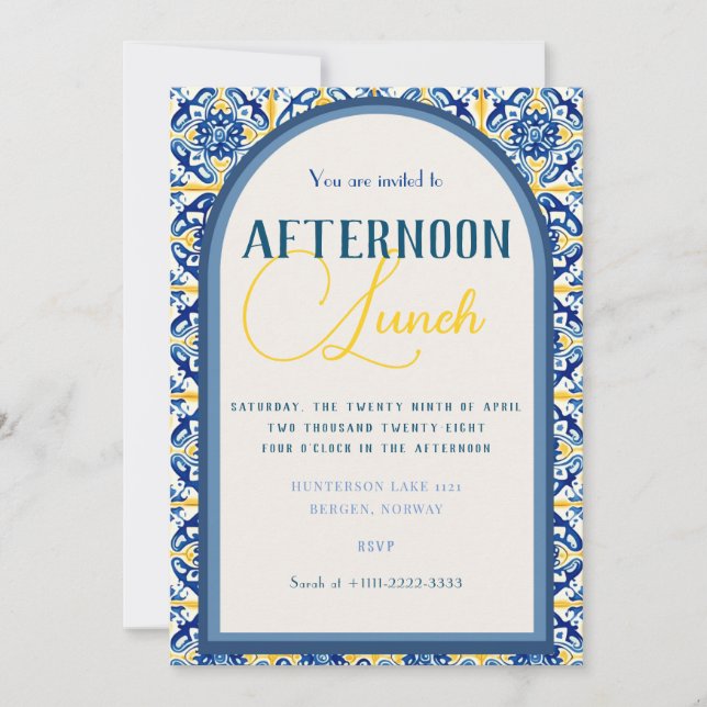 Convite de Azulejo Geométrico Amarelo e Azul Detal (Frente)