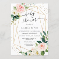 Convite de Babá com Floral Rosa e Brilho Dourado