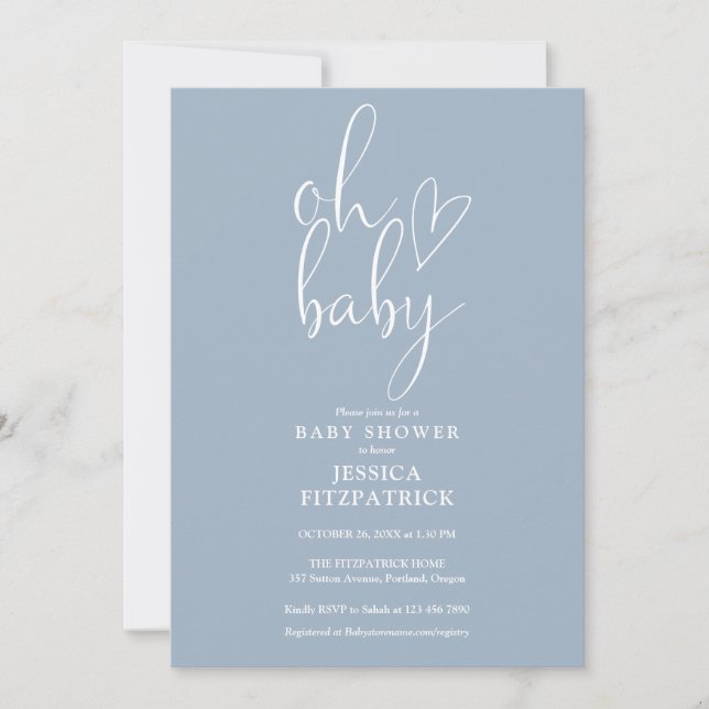 Convite de Baby Shower Oh Baby Script Dusty Blue B (Frente)