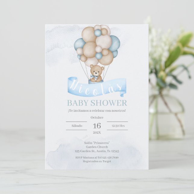 Convite de Baby Shower Urso Azul Espanhol (Em pé/Frente)