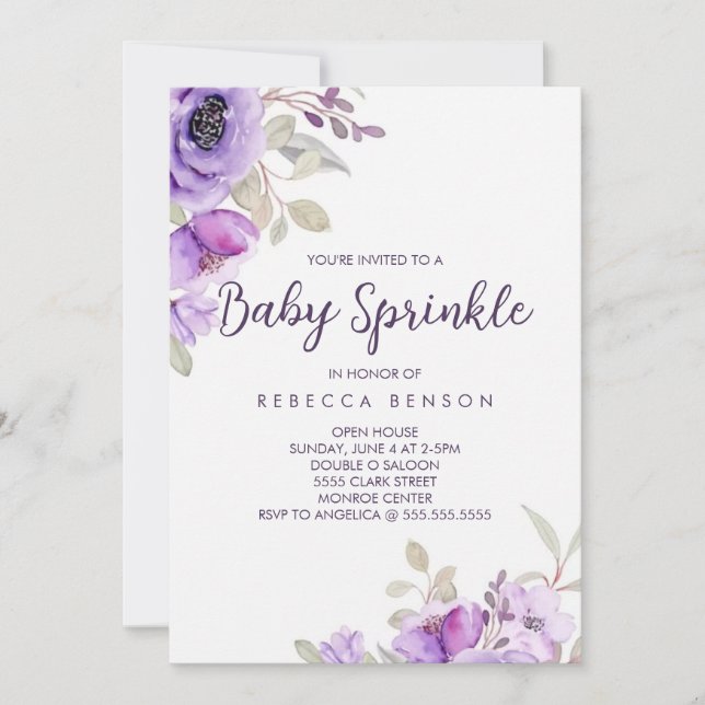 Convite de Baby Sprinkle com Design Floral Roxo (Frente)