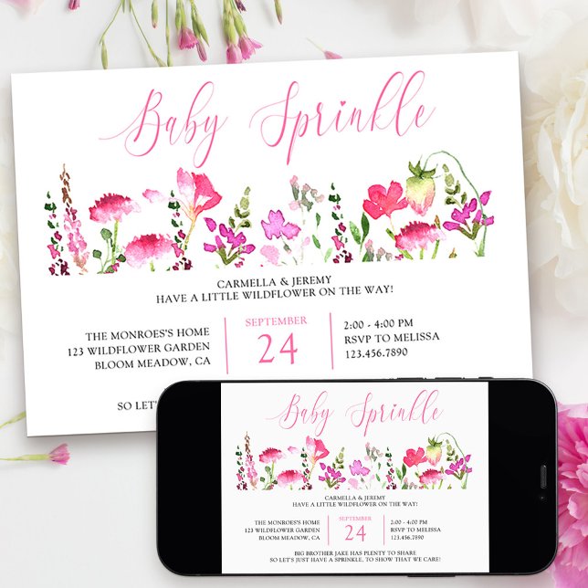 Convite de Baby Sprinkle Flor Silvestre Rosa Bonit (Baby Sprinkle Little Wildfower Baby Shower Invitation from my Pink Wildflower Collection)