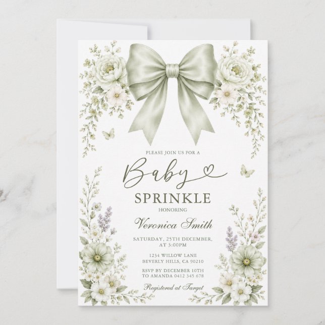 Convite de Baby Sprinkle Flores Silvestres Laço Ve (Frente)