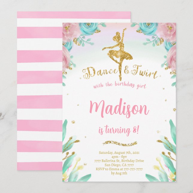 Convite de Bailarina Dourada e Verde  (Frente/Verso)