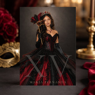 Convite de Baile de Máscaras Preto Vermelho Quince