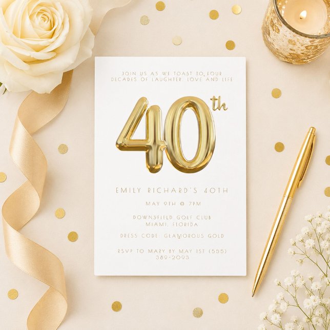 Convite de Balão para Festa de Aniversário de 40 A (Gold Forty 40th Birthday Party Balloon Invitation)
