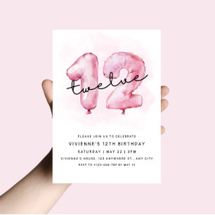 Convite de Balão Rosa para Aniversário de 12 Anos
