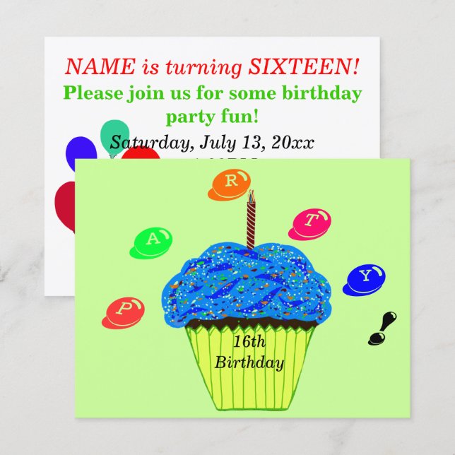 Convite de Balinha de Cupcake Azul para Aniversári (Frente/Verso)