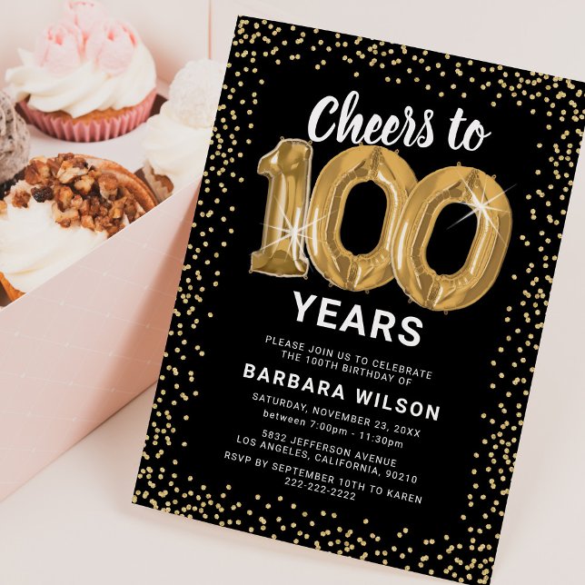 Convite de Balões Dourados de Aniversário de 100 A (Criador carregado)