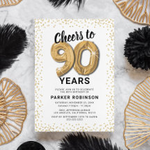 Convite de Balões Dourados de Aniversário de 90 An