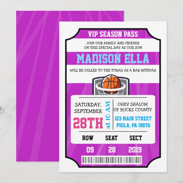 Convite de Bar/Bat Mitzvah BILHETE VIP DE BASQUETE (Frente/Verso)
