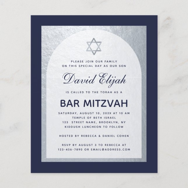 Convite de Bar Mitzvah Azul Marinho Prata Orçament (Frente)