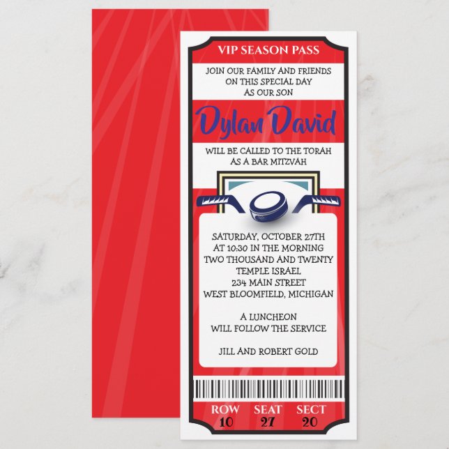CONVITE DE BAR MITZVAH DE HOCKEY EM VERMELHO (Frente/Verso)