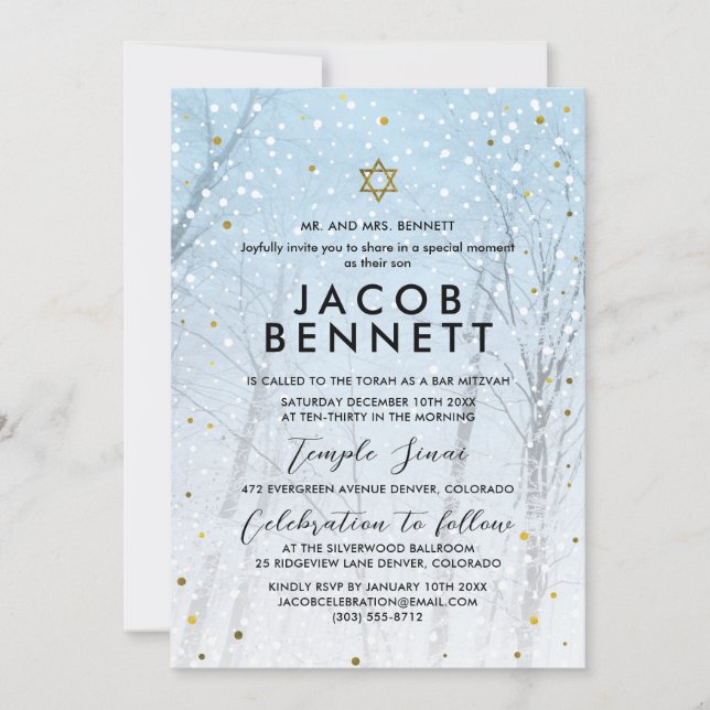 Convite de Bar Mitzvah de Inverno Floresta Nevada (Frente)