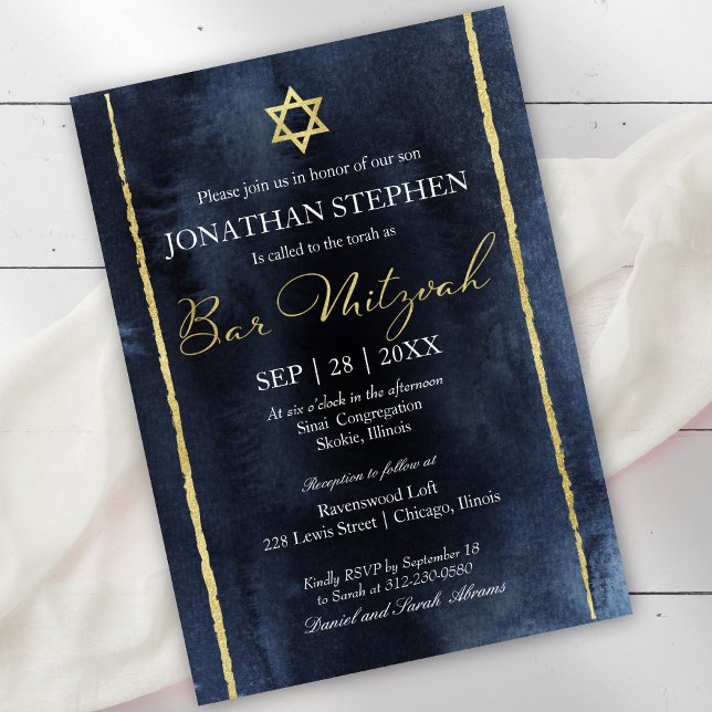 Convite de Bar Mitzvah em Aquarela Abstrata Azul (Criador carregado)
