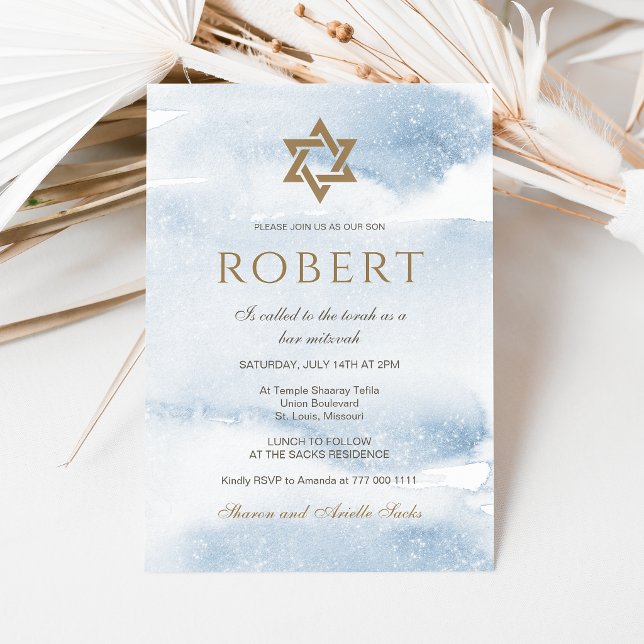 Convite de Bar Mitzvah em Aquarela Azul | Estrela  (Dusty Blue Watercolor Bar Mitzvah Invitation | Gold Star)