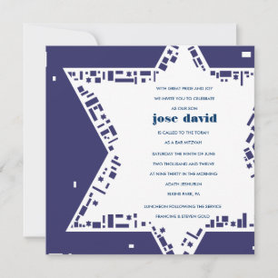 Convite de Bar Mitzvah Estrelas e Quadrados Azul