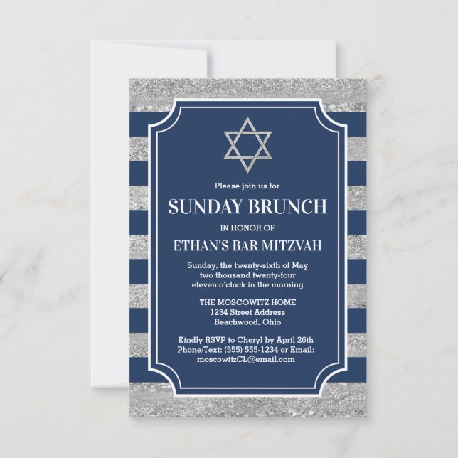 Convite de Bar Mitzvah Striped Navy Gray Brunch Es (Frente)