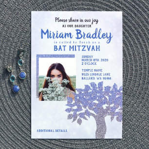 Convite de Bat Mitzvah Árvore com Brilho Azul e Pr