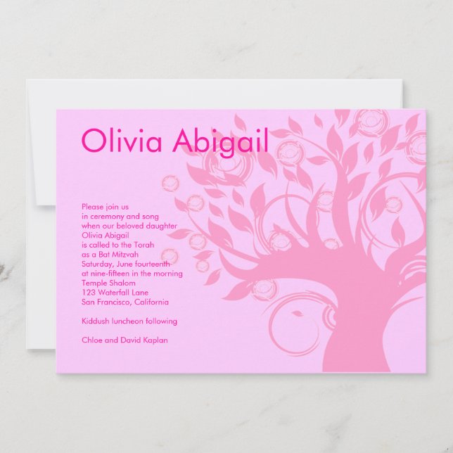 Convite de Bat Mitzvah Árvore da Vida Rosa Sweet 1 (Frente)
